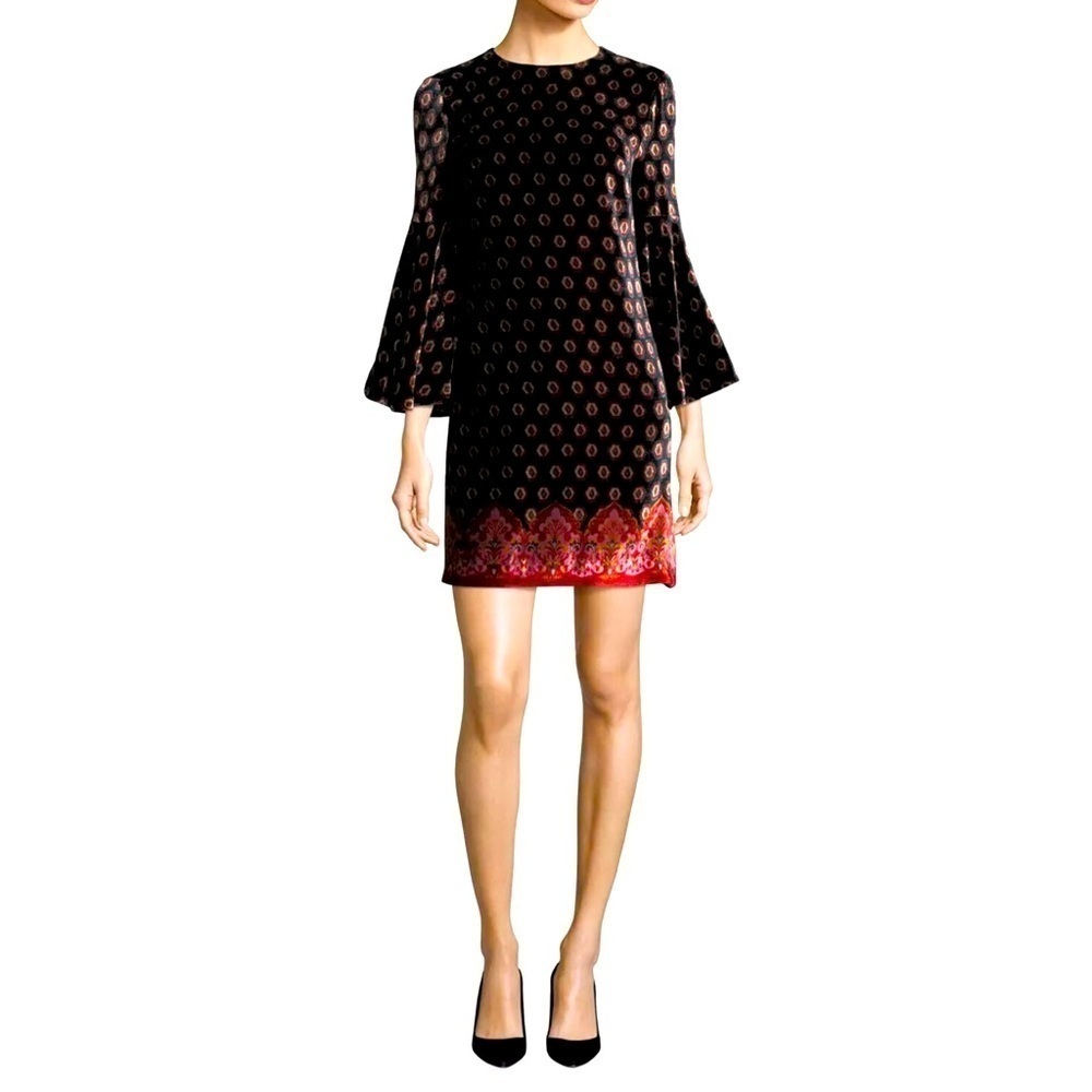 Trina Turk Astral Velvet Mini Dress Sz 4 Bell Sleeve black geometric print Boho